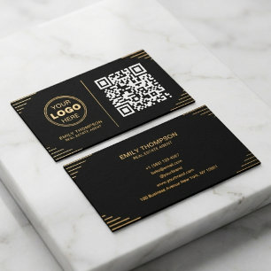 Cartão De Visita Código QR Preto e Dourado Moderno Art Déco Luxuo