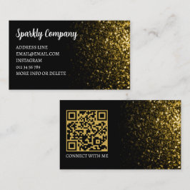Cartão De Visita Código QR preto elegante com brilho falso dourado 