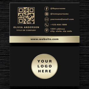 Cartão De Visita Código QR preto Elegante de logotipo Dourado