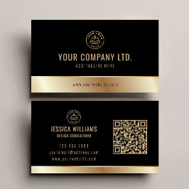 Cartão De Visita Código QR preto Elegante de logotipo Dourado
