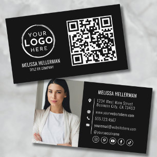 Cartão De Visita Código QR Preto Moderno Profissional Foto Sua Logo