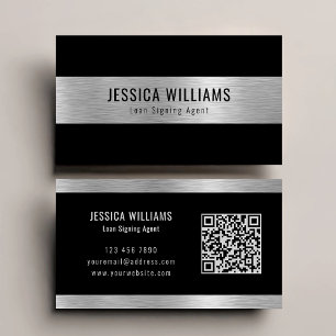 Cartão De Visita Código QR Preto Prata Personalizado Elegante