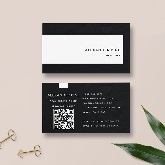 Cartão De Visita Código QR Professional Branco preto moderno (simple modern elegant professional corporate generic business card black white qr code website sleek)