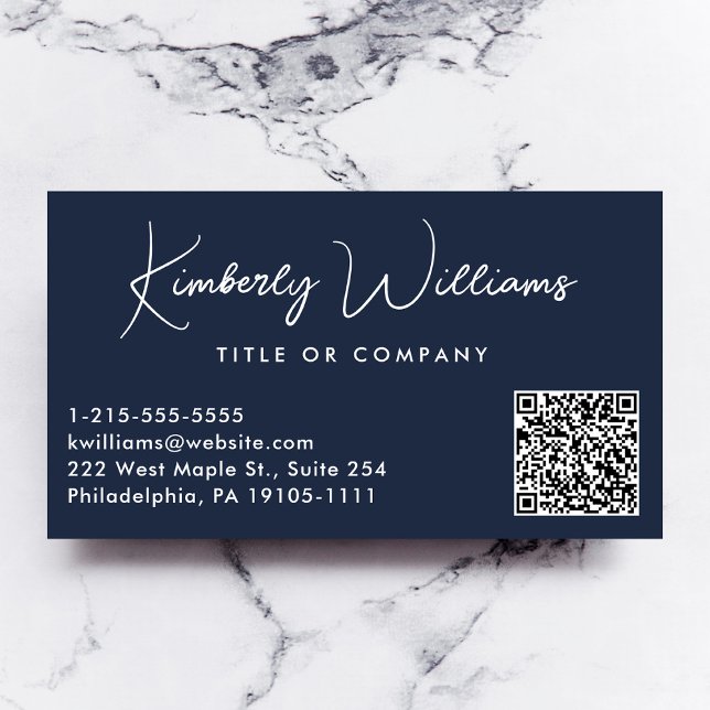 Cartão De Visita Código QR Professional de Script Mínimo Azul (Criador carregado)