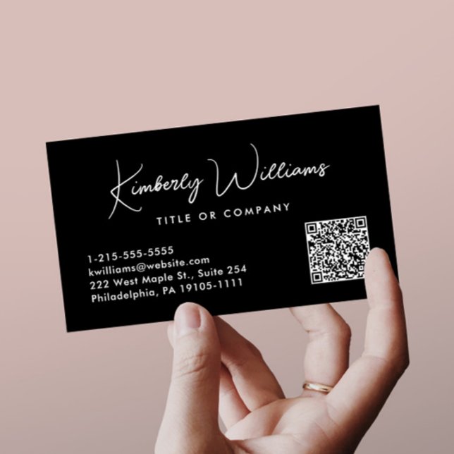 Cartão De Visita Código QR Professional de Script Mínimo preto (Showcase your name in our signature script as your logo and brand identity)