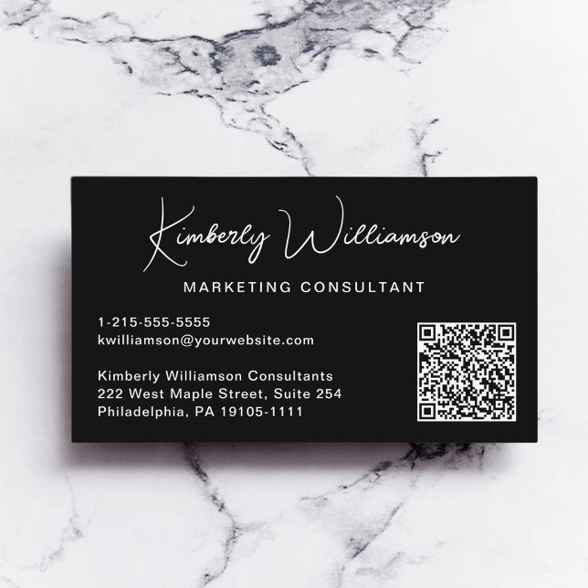 Cartão De Visita Código QR Professional de Script Moderno Preto (Capture attention, make connections, and leave a lasting impression with our modern QR business card)