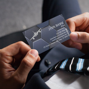 Cartão De Visita Código QR Profissional, Aviação, Azul Prata Modern