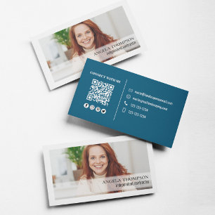 Cartão De Visita Código QR profissional de foto simples azul