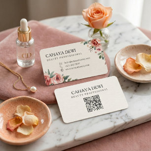 Cartão De Visita Código QR Profissional de Rosa Floral Aquarela