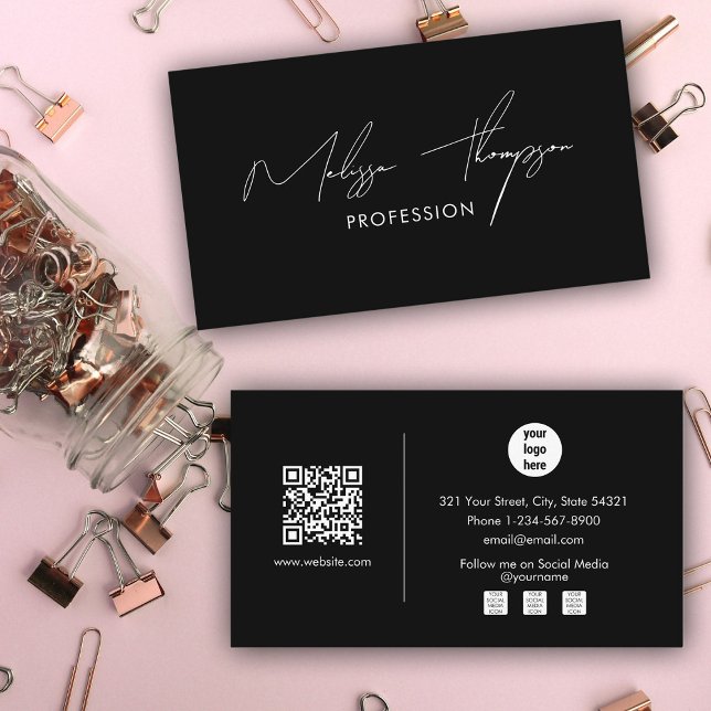 Cartão De Visita Código QR profissional de script de assinatura pre (Black Signature Script Professional QR Code Business Card)