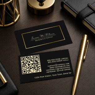 Cartão De Visita Código QR profissional Dourado e preto elegante