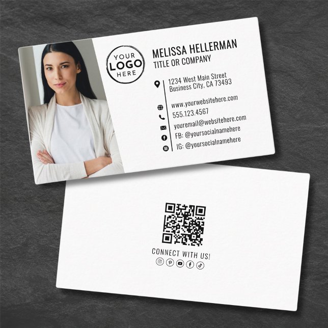 Cartão De Visita Código QR Profissional Foto Seu Logotipo (Professional Photo QR Code Company Your Logo Business Card)