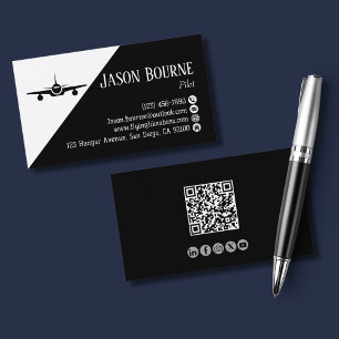 Cartão De Visita Código QR Profissional Funcionário de Aviação Pret