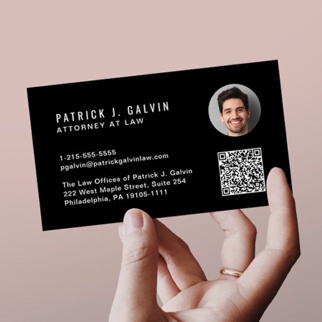 Cartão De Visita Código QR Profissional Minimalista Foto Preta (Criador carregado)