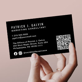 Cartão De Visita Código QR Profissional Minimalista Preto