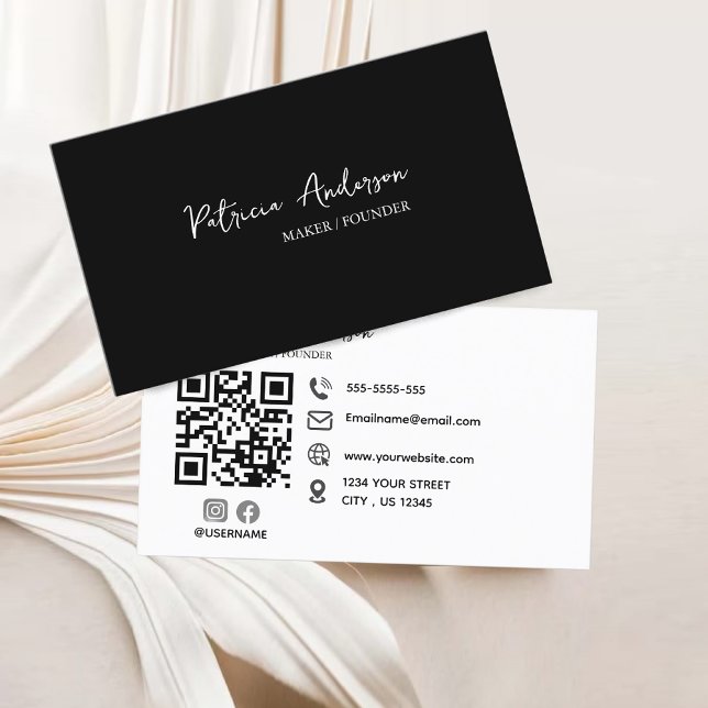 Cartão De Visita Código QR profissional mínimo preto branco preto (Minimal Professional QR Code Black White Business Card)
