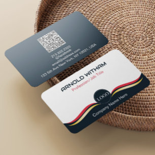 Cartão De Visita Código QR profissional moderno, azul, Dourado, ros