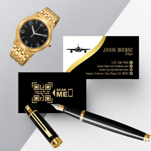 Cartão De Visita Código QR Profissional Preto Dourado Piloto Minima