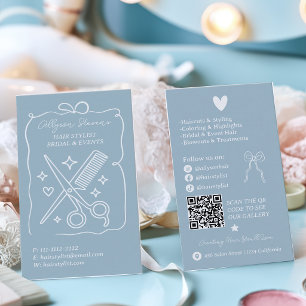 Cartão De Visita Código QR Retro Azul Pó Doodles Estilista de Cabel