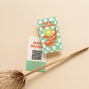 Cartão De Visita Código QR Retro Boho Groovy Xadrez Floral Margarid