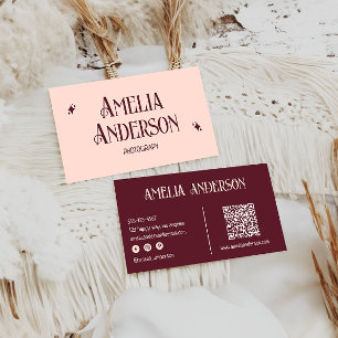 Cartão De Visita Código QR Retro Elegante Rosa e Burgundy
