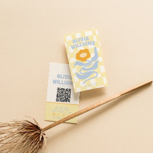 Cartão De Visita Código QR Retro Soft Boho Groovy Xadrez Floral