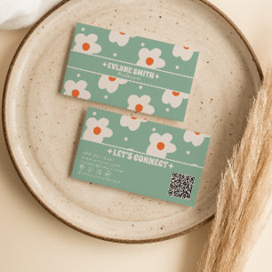 Cartão De Visita Código QR Retro Verde Floral Boho Único Divertido