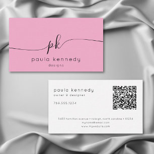Cartão De Visita Código QR Rosa Mínimo Mínimo do Monograma Moderno