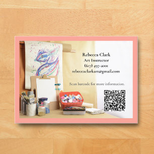 Cartão De Visita Código QR Rosa Peach Professor de Arte Aula de Art