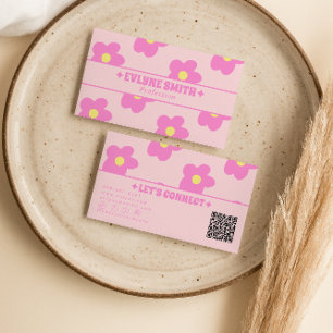 Cartão De Visita Código QR Rosa Retro Floral Boho Groovy Único Femi