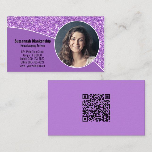 Cartão De Visita Código QR roxo de foto personalizada profissional  (Frente/Verso)
