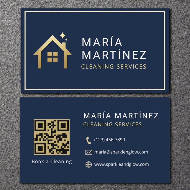 Cartão De Visita Código QR Serviços de Limpeza Azul Marinho Dourado (Criador carregado)