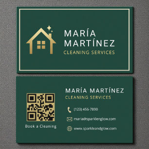 Cartão De Visita Código QR Serviços de Limpeza Verde Dourado