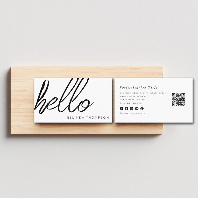 Cartão De Visita Código QR Simples de Alô Branco Moderno Minimalist (Modern Minimalist Simple White Hello QR Code Business Card)