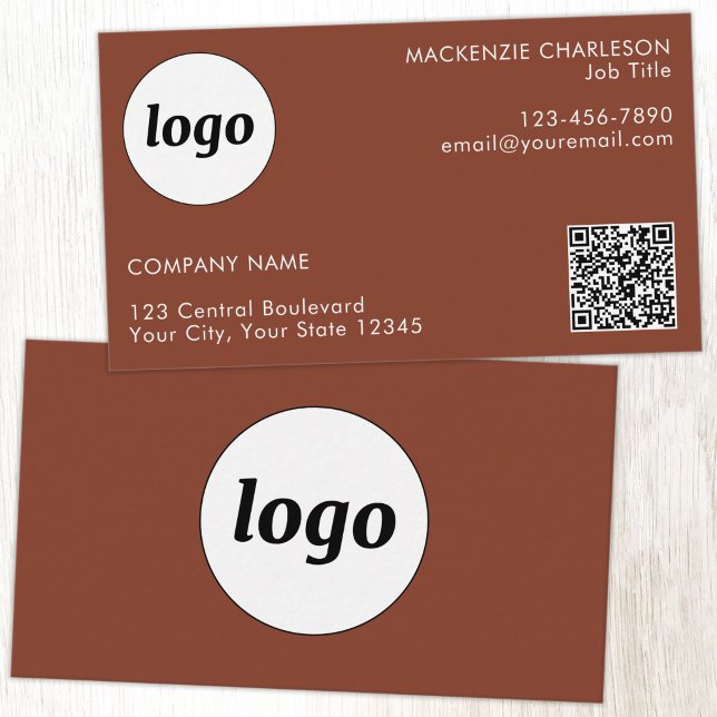 Cartão De Visita Código QR Simples de Logo e Texto Terracota (Simple logo with custom text business branding promotional QR code terracotta business card)