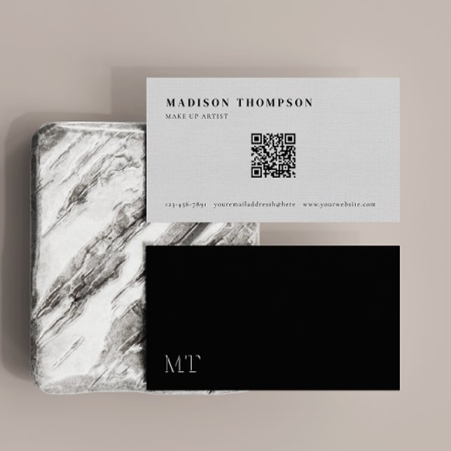 Cartão De Visita Código QR Simples de Monograma Preto e Branco (Criador carregado)