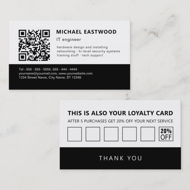 Cartão De Visita Código QR Simples Preto Branco 2 em 1 Lealdade e (Frente/Verso)