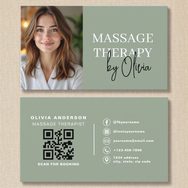 Cartão De Visita Código QR Terapeuta de Massagem Sage Verde Foto (Criador carregado)