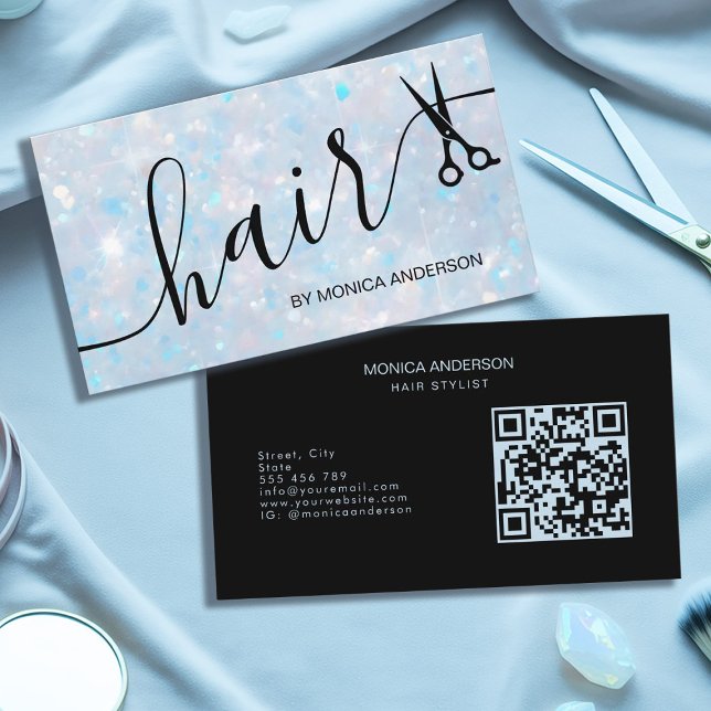 Cartão De Visita Código QR Tesoura Script Cabelo Brilho Opala Azul (Blue Opal Glitter Hair Script Scissors QR Code Business Card)