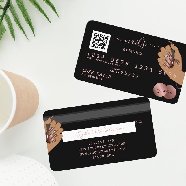 Cartão De Visita Código QR Unhas Technician Credit Card Rosa Dourad (Criador carregado)