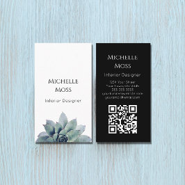 Cartão De Visita Código QR Verde Botânico Moderno Preto Branco