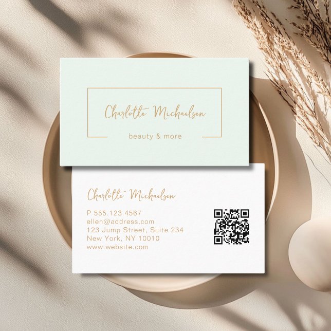 Cartão De Visita Código QR Verde de Letra Minúscula (Minimal Handwriting Green QR Code Business Card)