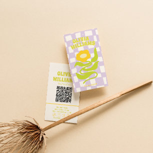 Cartão De Visita Código QR Verde Roxo Retro Xadrez Floral Groovy