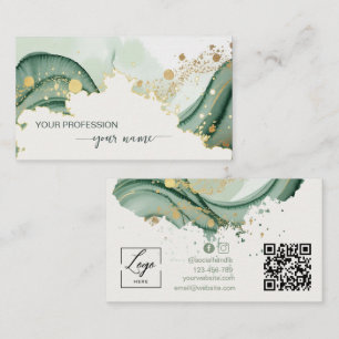 Cartão De Visita Código Qr verde Sage aquarela