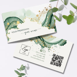 Cartão De Visita Código Qr verde Sage aquarela