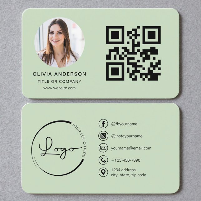 Cartão De Visita Código QR Verde Sage Foto (Criador carregado)