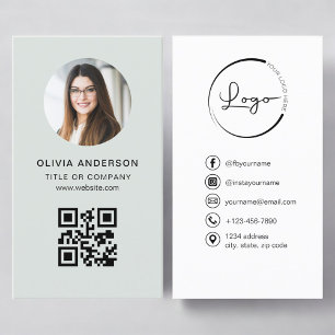 Cartão De Visita Código QR Verde Sage Foto Profissional Mídia Socia
