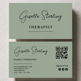 Cartão De Visita Código QR Verde Sage Psicólogo Terapeuta