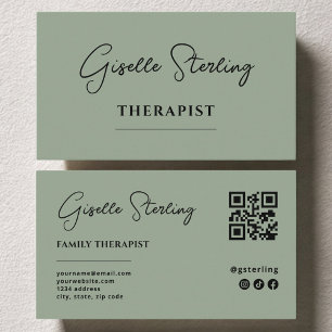 Cartão De Visita Código QR Verde Sage Psicólogo Terapeuta