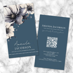 Cartão De Visita Código QR Vertical Floral Elegante Azul